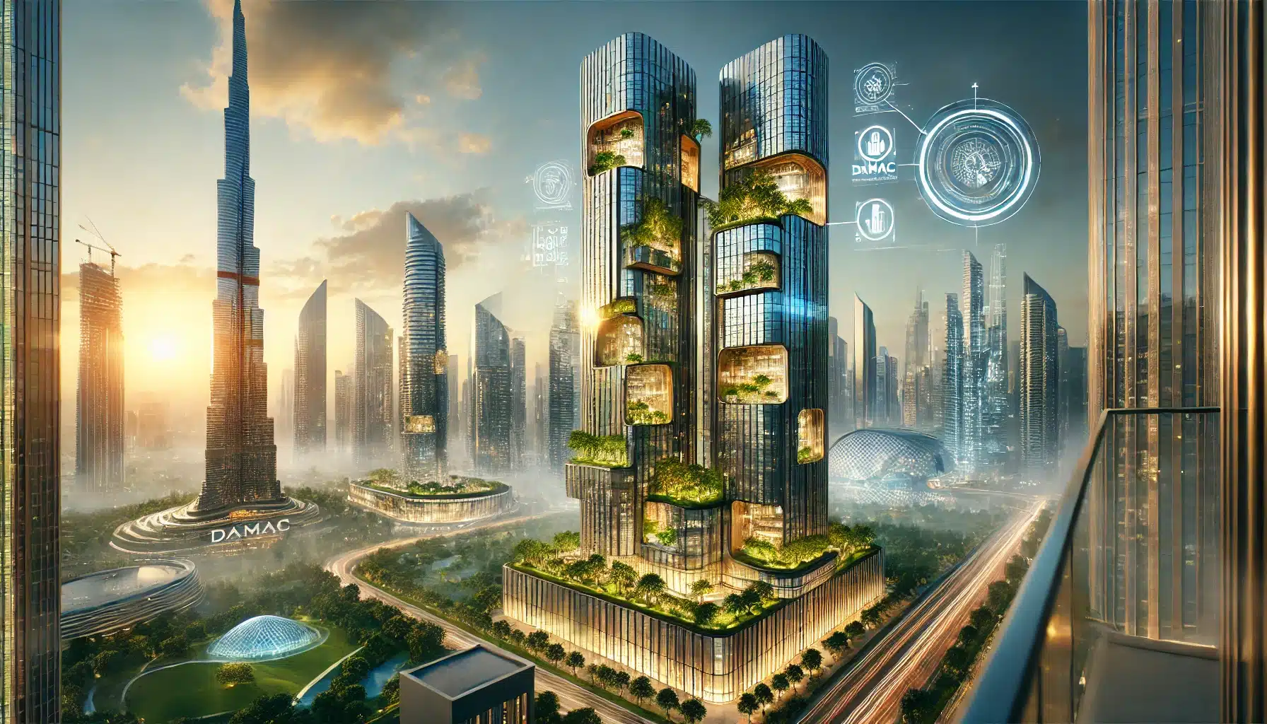 تصميم معماري مستقبلي يعرض ناطحات سحاب فاخرة ضمن مشاريع داماك العقارية، مع واجهات زجاجية وإضاءة ذهبية، يعكس الفخامة والابتكار في الهندسة المعمارية الحديثة.